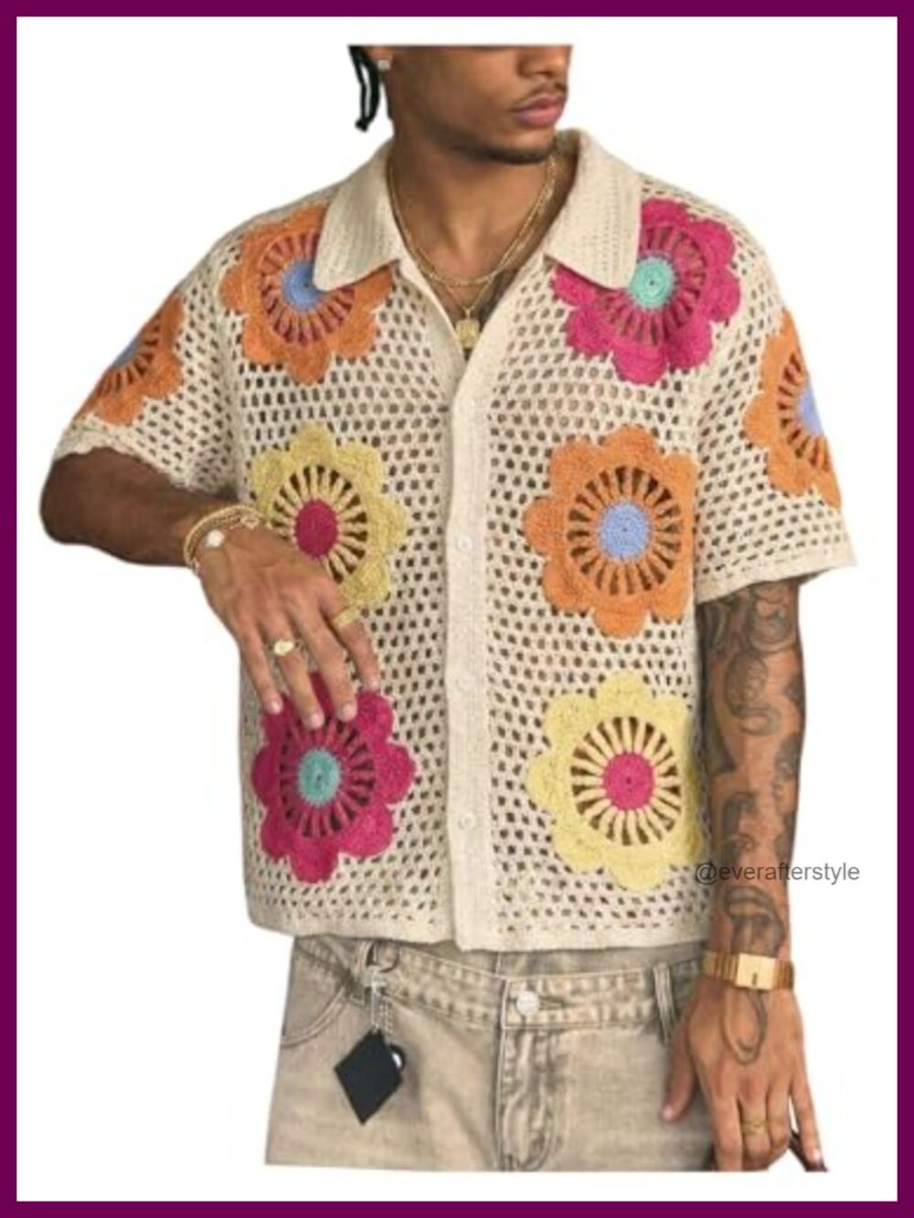 Men's Floral Crochet Hollow Out Button Down Shirt Short Sleeve Vacation Top